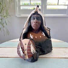Jim Jackson Clay Sculpture Native American Indian Warrior Signed Wolf Head picture