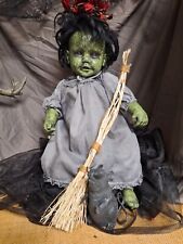 OOAK Creepy Doll, Witch W/Broom, Handmade, 20 In Tall, Halloween Prop picture