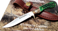Remington Buck Deer Tin Green Jigged Bone Full Tang Hunting Knife + Sheath picture