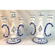 Pair of Tri Candelabra Candlesticks Handmade  Blue and White picture