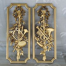 Vintage Syroco MCM Wall Decor ART & MUSIC Plaques Gold Pair Syrocco picture