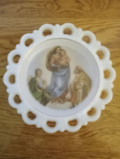 VTG Milk Glass w/  lace edge NOR-SO Virgin Mary W/ Baby Jesus Plate. 22KT. Gold picture