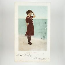 Girl Waiting for Ocean Swell Postcard c1903 Atlantic City Beach Beauty A3200 picture