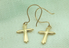 14K Yellow Gold Designer Hook Cross Earrings Religious Designer Dangle Sunray picture