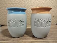 Cazadores Tequila Set Of 2  Drinking Glass Ceramic Glazed Inside Blue & Mustard picture