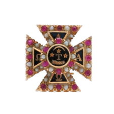 Yellow Gold Alpha Tau Omega Antique Badge 14k Ruby Pearl 1900s-10s FraternityPin picture
