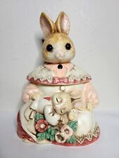Lovely Vtg. Cookie Jar Mother & Baby Bunny Rabbit Japan Porcelain Glass Eyes EUC picture