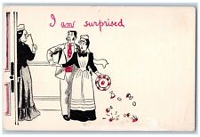 c1905 I Am Surprised Man Cheating With Maid Champagne Glass Fell Postcard picture