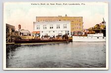 c1915~Fort Lauderdale Florida FL~New River~Visitors Dock~Downtown~VTG Postcard picture