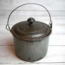 Vintage Gray Graniteware Berry Bucket Lunch Pail with Metal Lid for Display picture