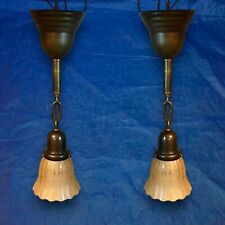Wired Pair Brass Pendant Light Fixtures amber shades 72E picture