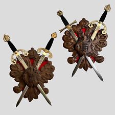Vintage Coat of Arms Carved Wood Wall Plaque Double Swords Toledo Spain Set of 2 picture