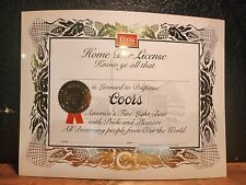 Vintage 1977 official coors beer home bar license. gold embossed with seal picture