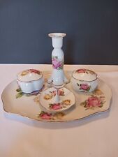 Rare Vintage Antique Rose China Pink & White Hand Painted Dresser Vanity Set picture