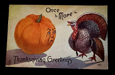 Unusual Anthropomorphic JOL Pumpkin with Turkey 1910 ~Thanksgiving Postcard~h974 picture
