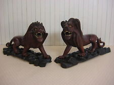 PAIR VINTAGE CHINESE HAND CARVED LION FIGURINES W/NICE WOODEN FOOT STAND BASE picture