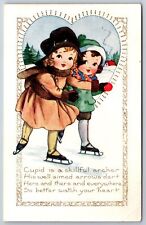Valentine~Kids Ice Skate~Cupid A Skillful Archer~Art Deco Whitney Made~c1920 picture