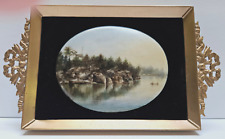 Antique Miniature French Painted Porcelain Waterscape Ribbon & Bow Metal Frame picture