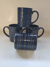 4 Vintage Speckled Cobalt Blue Stoneware Mug Cup Black Line Design Japan MCM picture