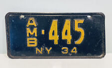 1934 New York License Plate AMBULANCE 445 ALPCA Garage Decor Black Yellow picture