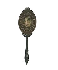Antique French Dresser Brass Hand Mirror Painted Female Portrait Flowers  picture