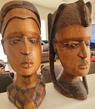 Vintage Carved Mixed Wood African Heads Busts Pair Male And Female 14