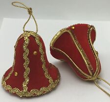 Vintage West Germany Koestel Christmas Ornaments Bell Red Velvet Gold picture