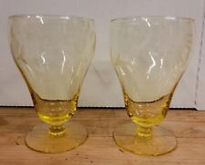 2 ANTIQUE LANCASTER YELLOW TOPAZ ETCHED WATER LILLY PATTERN TULIP PARFAIT GLASS picture