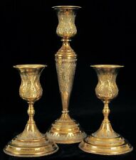 ANTIQUE FINE HAND CHASED BRASS CANDLESTICKS SET OF 3 BEAUTIFUL ORNATE DETAILS  picture