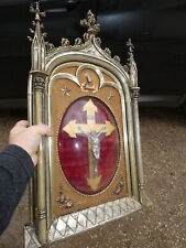 Antique large neo gothic wall crucifix globe glass plaque religious rare picture