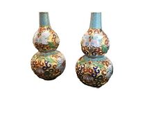 Chinese Cloisonne Vases Matched Pair Double Gourd Butterfly Floral 4