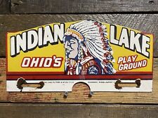 INDIAN LAKE PLAYGROUND VINTAGE PORCELAIN SIGN GAS OIL TAG TOPPER OHIO CAMP BOAT picture