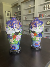Pair of Vintage Chinese Cloisonne Enamel Vase with Crane and Peony, Rare Antique picture