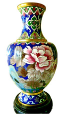 9” Zhou Qi Lei Vintage Chinese Cloisonne Enamel Polished Vase with Wood Stand picture