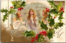 1907 Christmas Greetings Postcard Angels Holly Leaves Antique Postcard B22 picture