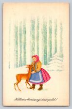 Vintage Fantasy Woman Pets Deer Fawn Snow Woods Christmas P137A picture