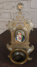 Antique French Metal porcelain hand paint madonna medaillon holy water font picture