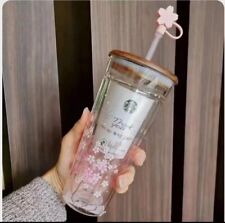 Hot Starbucks Romantic Fashion Pink Cherry Blossom Double Layer Glass Straw Mug picture