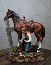 Rustic Western Cowboy By Brown Horse Praying At The Foot Of The Cross Figurine picture