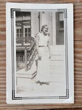 1930s Vintage Photo Snapshot Woman In White Frilly Dress On stairs Portrait picture