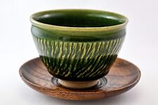 Japanese YUNOMI Teacup & Wooden Saucer Oribe Green Glaze Carving Seto Akazu Ware picture