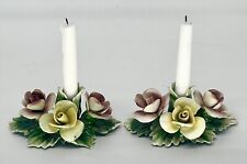 Set 2 Vintage Nuova Capodimonte Italy Rose Bud Flower Candlestick Holders Pair picture