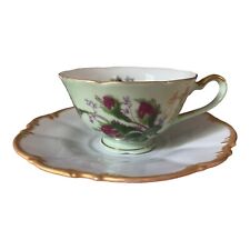 VTG Tea Cup Saucer Set Green Rose Lefton China & Hutschenreuther Hand Painted picture