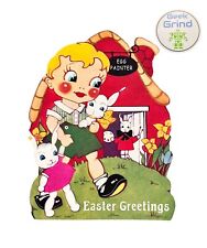 Vintage Easter Greeting Card Sweet Little Hummel Like Girl w/ Bunny Rabbit picture