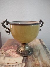Vtge. Daminic Urn Vase Centerpiece Ornate Brass Handles Yellow Crackle Rare picture