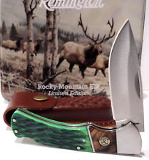Remington Buck Elk Tin Green Jigged Bone Lockback Hunting Pocket Knife + Sheath picture