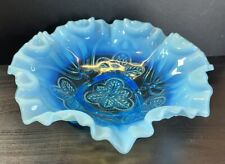 Vintage Jefferson Meander Opalescent Blue Glass Bowl Crimped Ruffled Edge picture