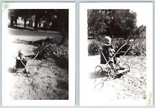 1940-50's BABY IN ANTIQUE VINTAGE METAL STROLLER SET OF 2 SNAPSHOTS PHOTOGRAPHS picture