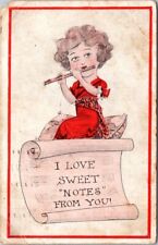 Valentines Woman Flute Love Sweet Notes From You Humor Music c1910s postcard JP4 picture