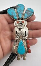 THOMAS BYRD Navajo Bisbee Turquoise Coral Sterling Silver Kachina Bolo Tie 4.25